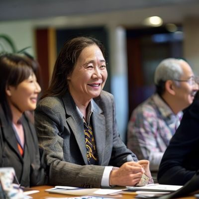日本妈妈国际合作与内容研究负责人郑宇基先生的专业照片，正在视频会议中与日本合作机构进行内容研讨，展现国际化的工作视野与专业态度