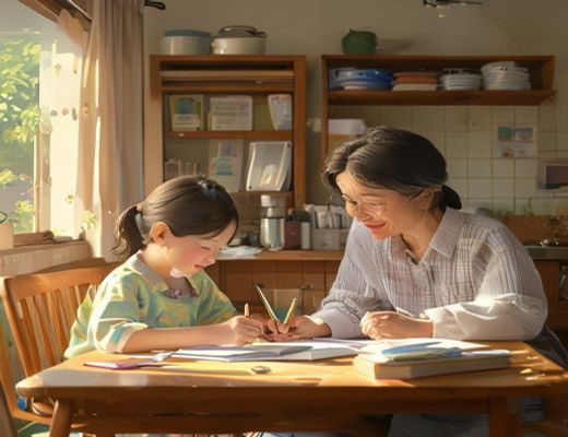 日本妈妈在整洁明亮的家中陪伴孩子完成作业，画面温暖有序，体现日式家庭教育的规律节奏与亲子陪伴