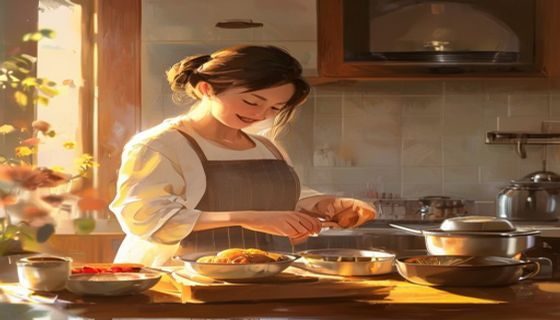 日本妈妈在明亮温馨的厨房里专注制作精美便当，画面暖光柔和，体现日式生活美学与细腻母爱