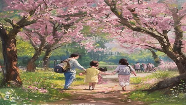 日本妈妈在樱花盛开的公园里带孩子进行自然教育，画面春意盎然，展现日式亲子户外教育的温馨场景